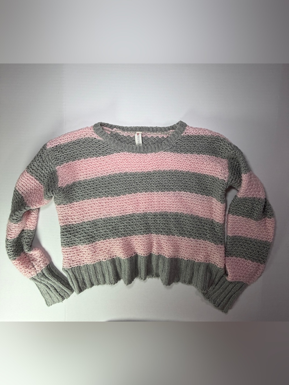 Aeropostale Pink and Gray Striped Cropped Crewneck Sweater